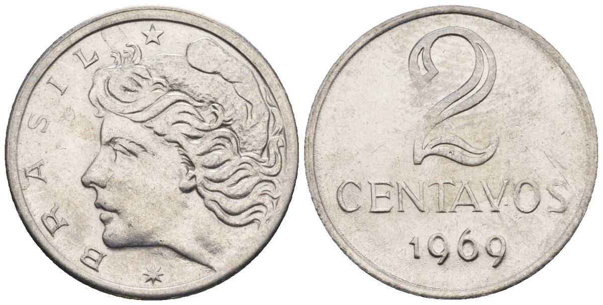 Бразилия 2 сентаво 1969  KM 576.2, Schon 81a нержавеющая сталь  aUNC  4609-928