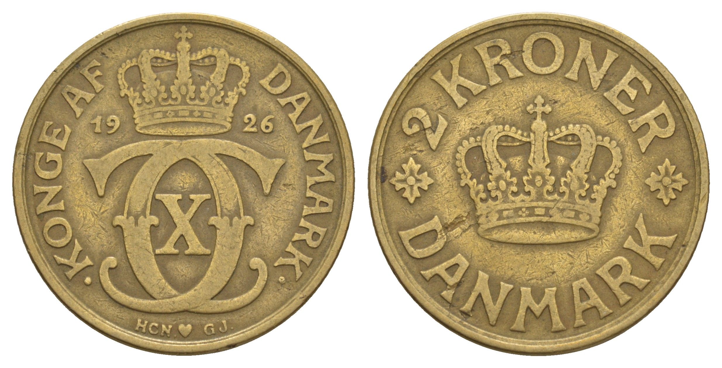 Дания 2 кроны 1926 HCN; GJ, Кристиан X (1912-1947) KM 825 алюминиевая бронза 81-416