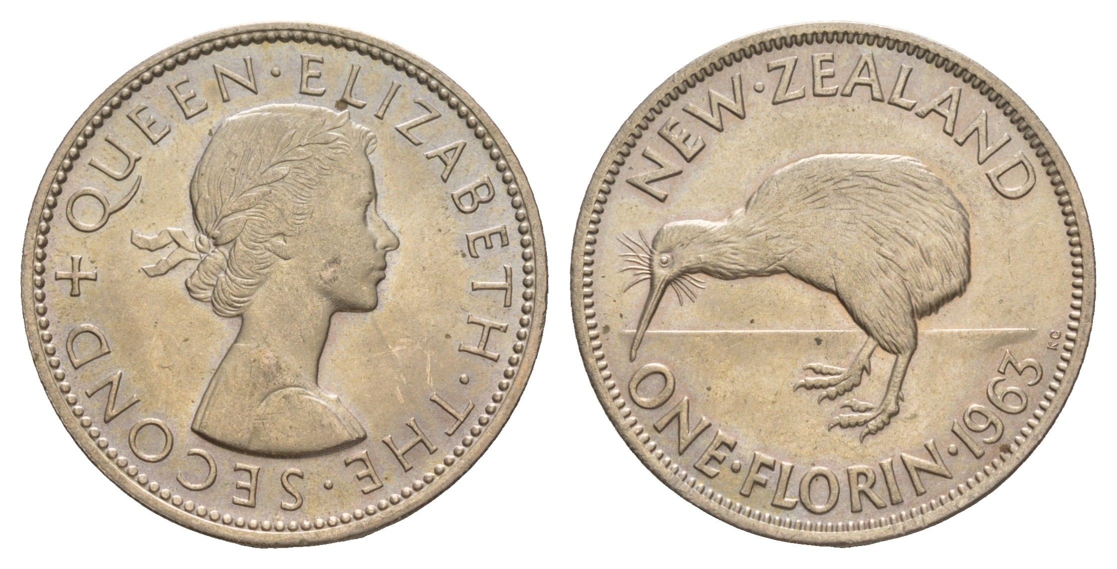 Новая Зеландия 1 флорин = 2 шиллинга 1963 Елизавета II (1952-2022), птичка киви KM 28.2 медно-никель UNC 4650-816
