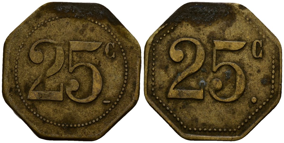 Франция 25 сантимов XIX-XX век ресторанный жетон латунь 4166-455