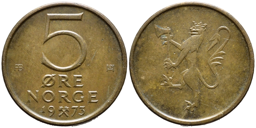 Норвегия 5 эре 1975 Улаф V (1958-1991) KM 415 бронза 4392-1323