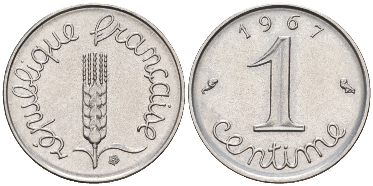 Франция 1 сантим 1967 KM 928, le Frank 106.14 хромированная сталь 4585-1056