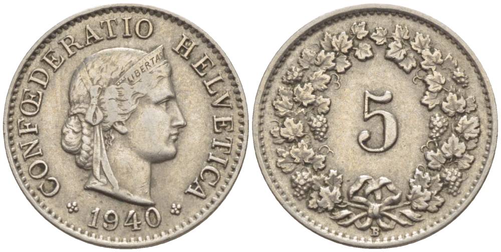 ШВЕЙЦАРИЯ 5 РАППЕНОВ 1940 В KM 26 медно-никель 4532-937