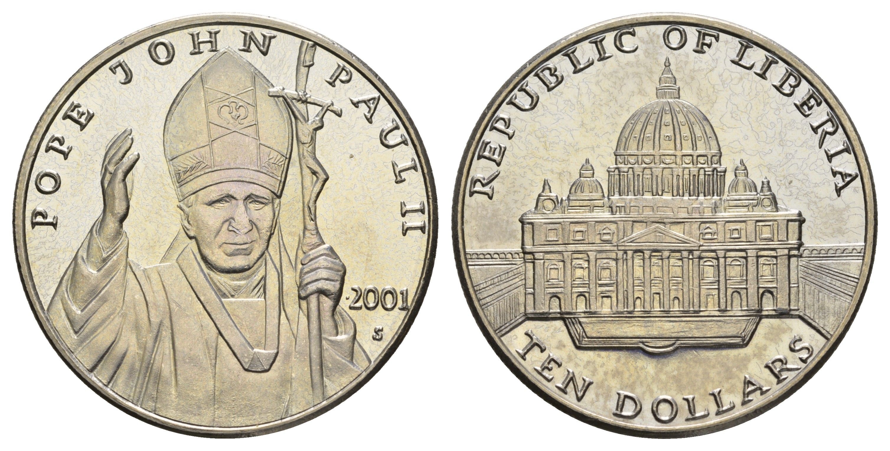 Либерия 10 долларов 2001 Иоанн Павел II KM 643a медно-никель PROOF 443-241
