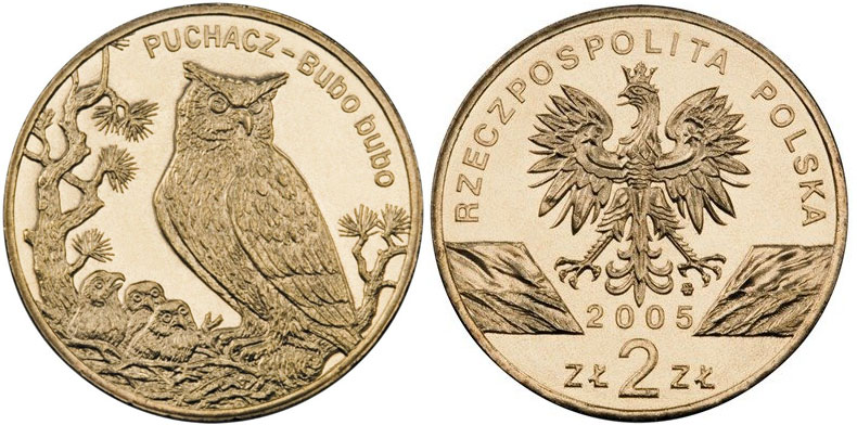 Польша 2 злотых 2005 MW, серия сохраним природу, филин KM 520, Parchimowicz 947 нордик  UNC  M60-01
