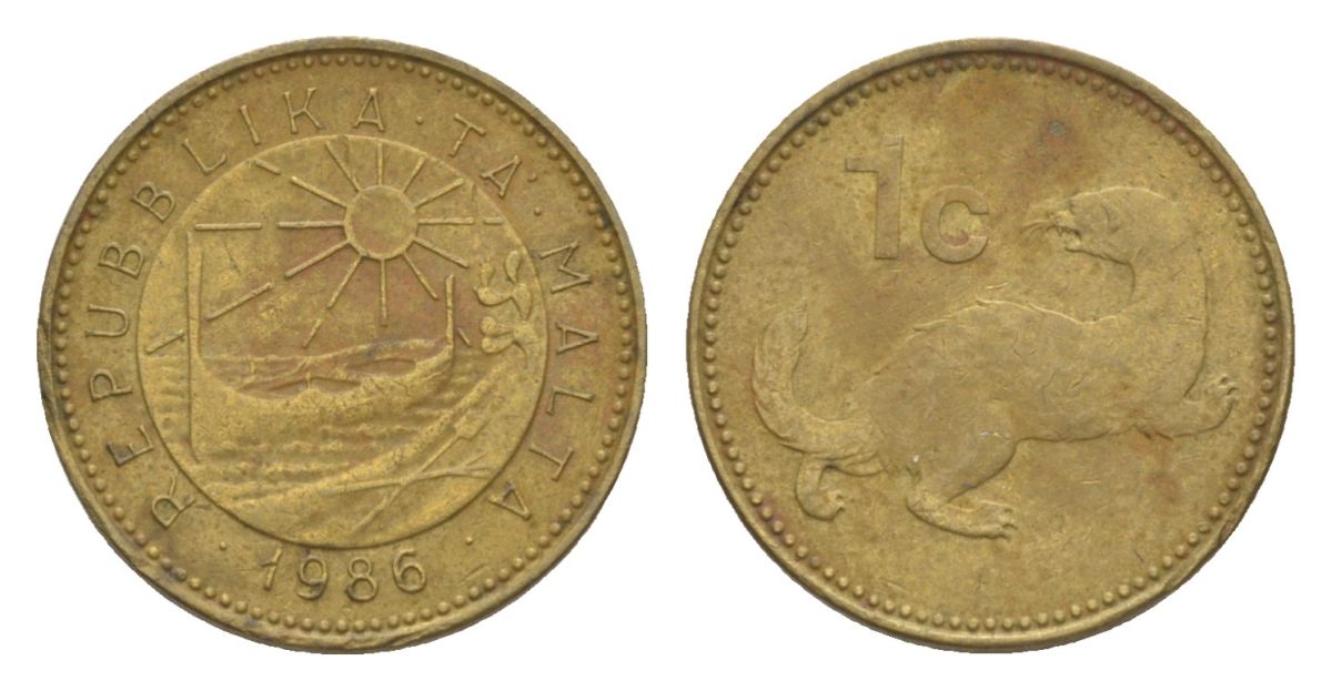 Мальта 1 цент 1986 ласка, горностай KM 78 никель латунь 4632-443