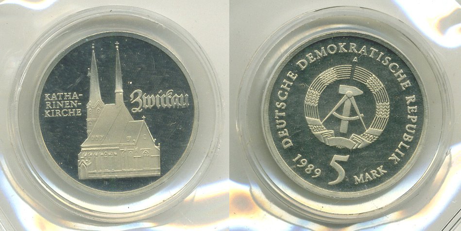 ГДР 5 марок 1989 A, Катариненкирхе в Цвиккау, тираж 3200 экз., в оригинальной запайке KM 129 медь цинк никель PROOF 5-3-1-160