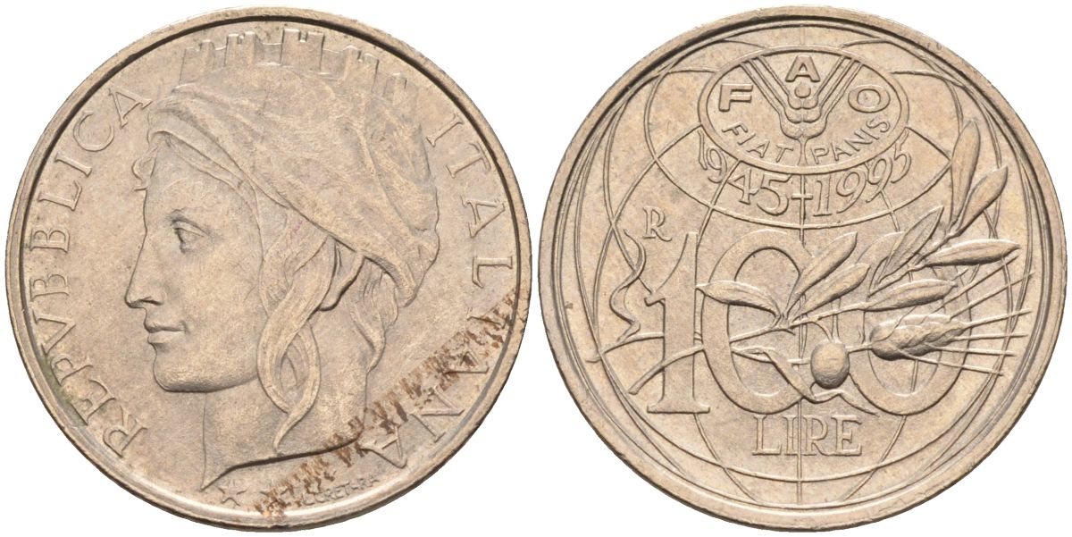 Италия 100 лир 1995 R, FAO, 50 лет организации KM 180 медно-никель 27-215