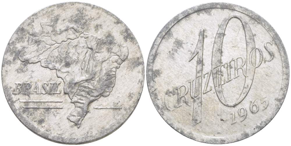 БРАЗИЛИЯ 10 КРУЗЕЙРО 1965 КАРТА БРАЗИЛИИ KM 572 алюминий 4529-424