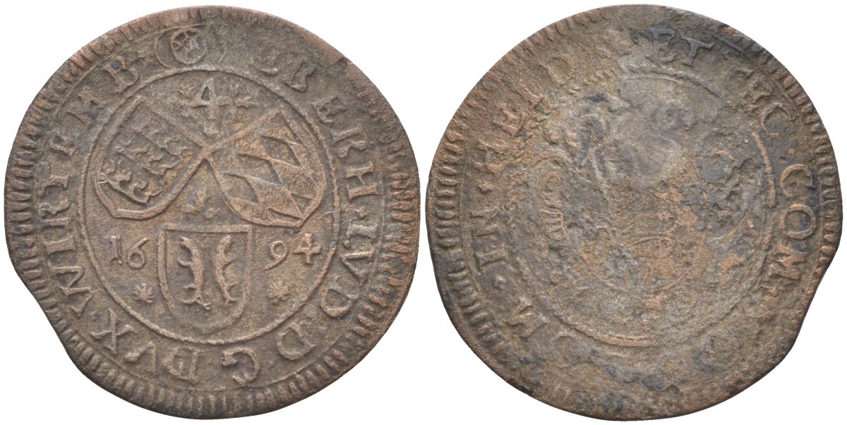 Вюртемберг 4 крейцера (батцен) 1694 Эберхард Людвиг (1693-1733) KM 260, Ebner 55, Kl./Ra. 76.4 медь 4182-313