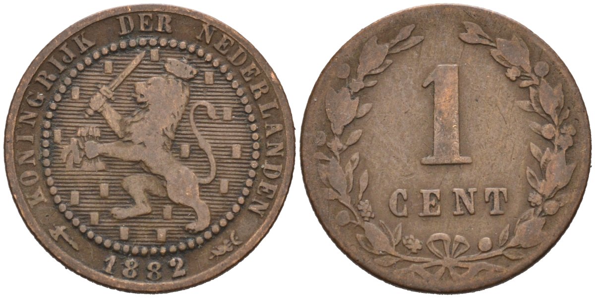 Нидерланды 1 цент 1882 Виллем III (1849-1890) KM 107 бронза 4576-565