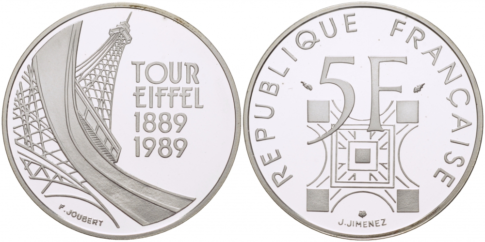 Франция 5 франков 1989 100 лет Эйфелевой башне KM 968a серебро PROOF 1077-7-24