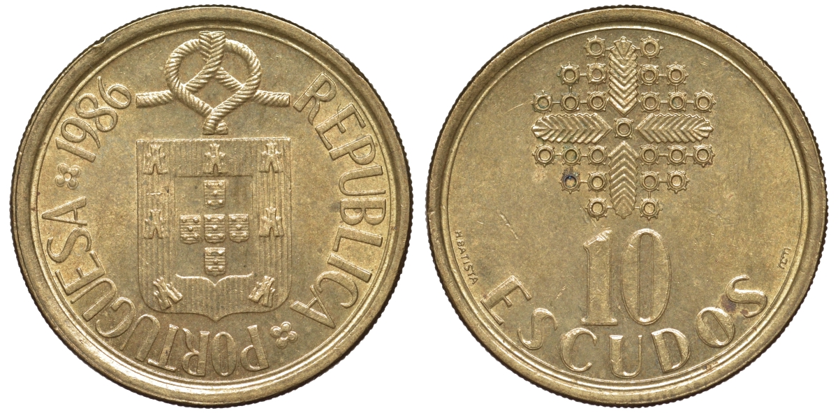 Португалия 10 эскудо 1986 KM 633 никель латунь 4142-1132