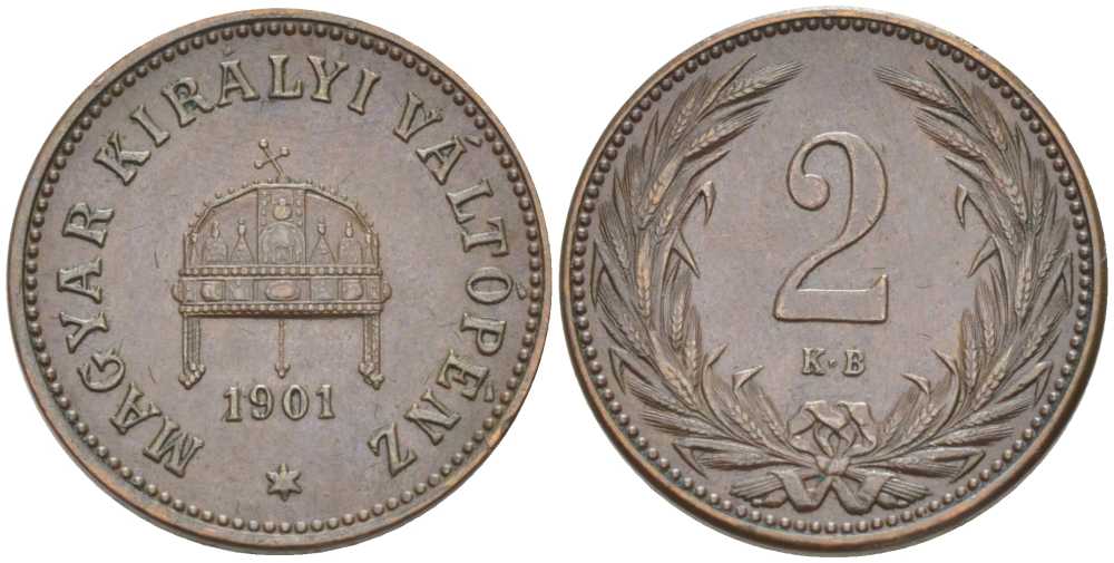 Венгрия 2 филлера 1901 KB, Франц Иосиф I (1848-1916) KM 481 бронза 201-226