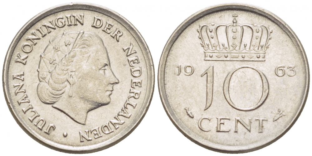 НИДЕРЛАНДЫ 10 ЦЕНТОВ 1963 KM 182 никель 3309-629