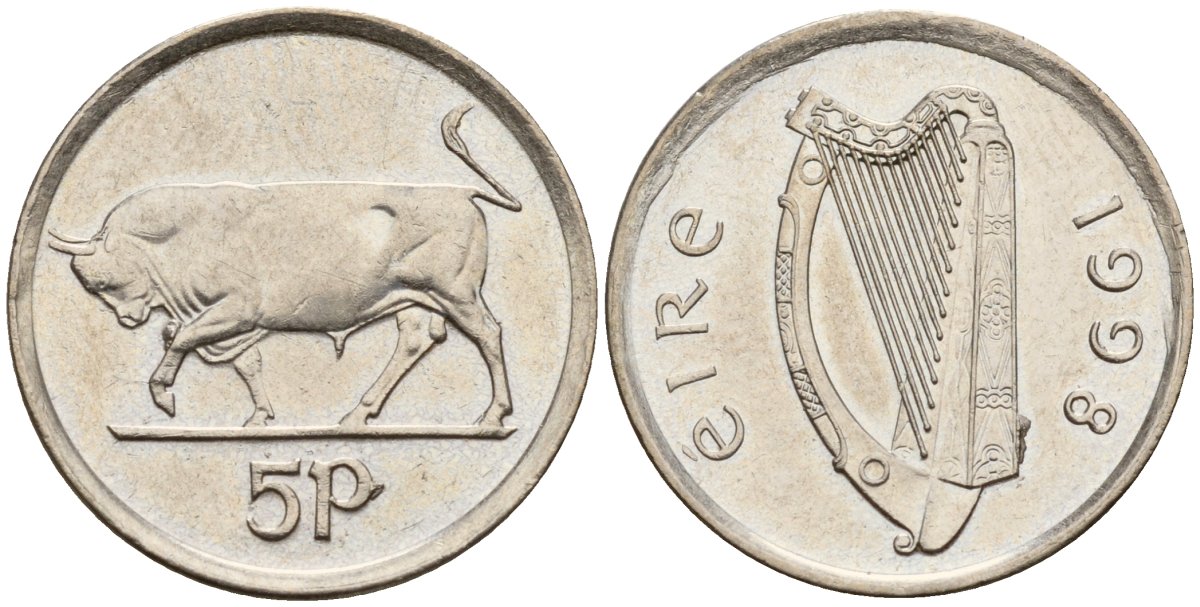 Ирландия 5 пенсов 1998 бык KM 28 медно-никель 4174-855