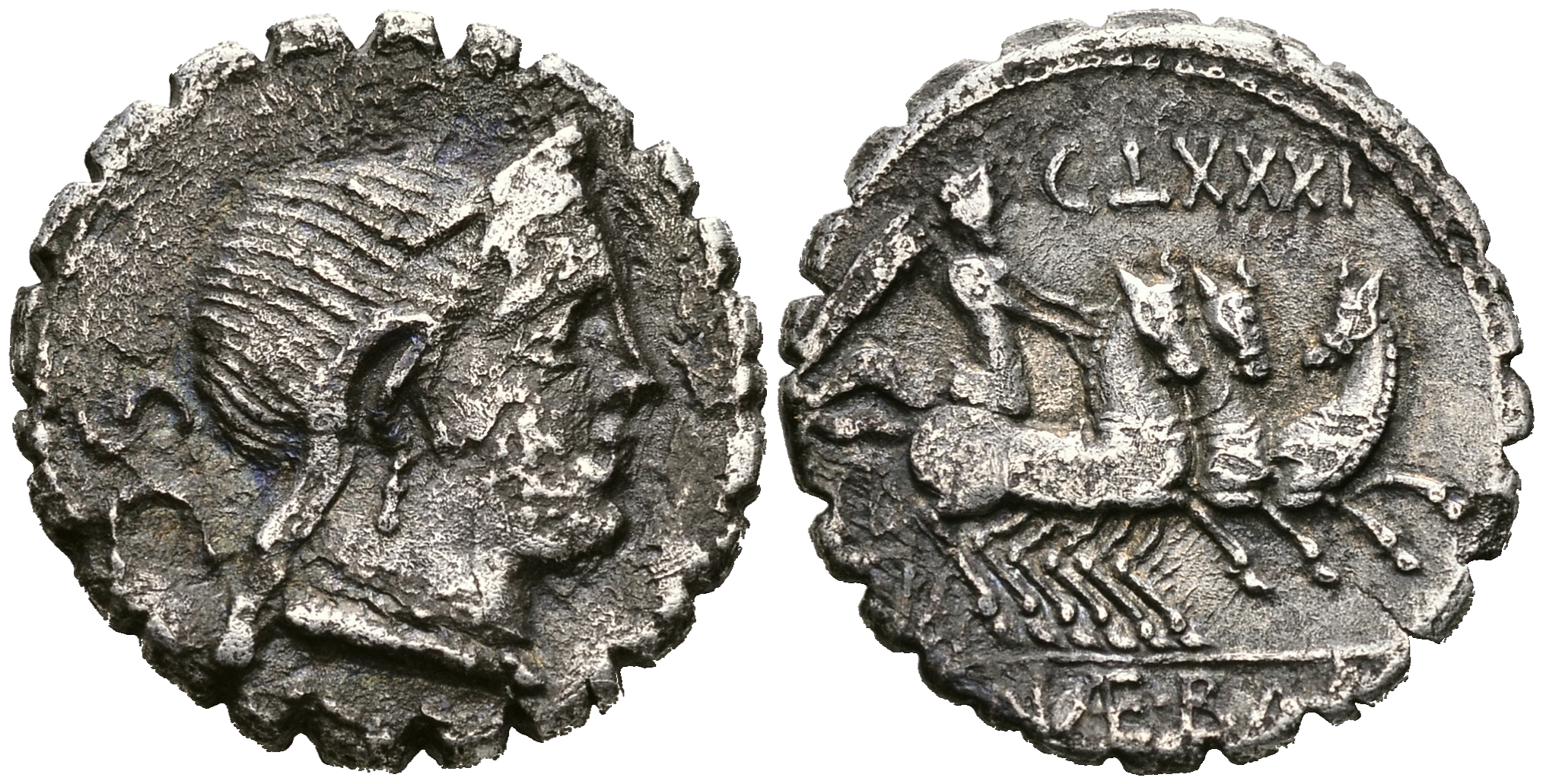 Римская Республика денарий 79 г. до н.э. монетарий Г. Невий Бальб. Рома / Виктория в колеснице, запряженной тройкой лошадей VERY FINE 3,73 ГР Crawf. 382/1b; Syd. 769b серебро 1073-1-8-2