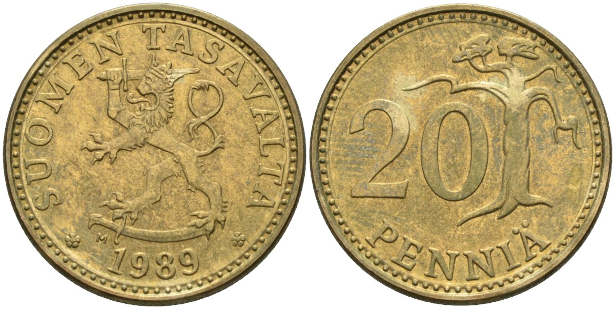 Финляндия 20 пенни 1989 KM 47 алюминиевая бронза 4586-647