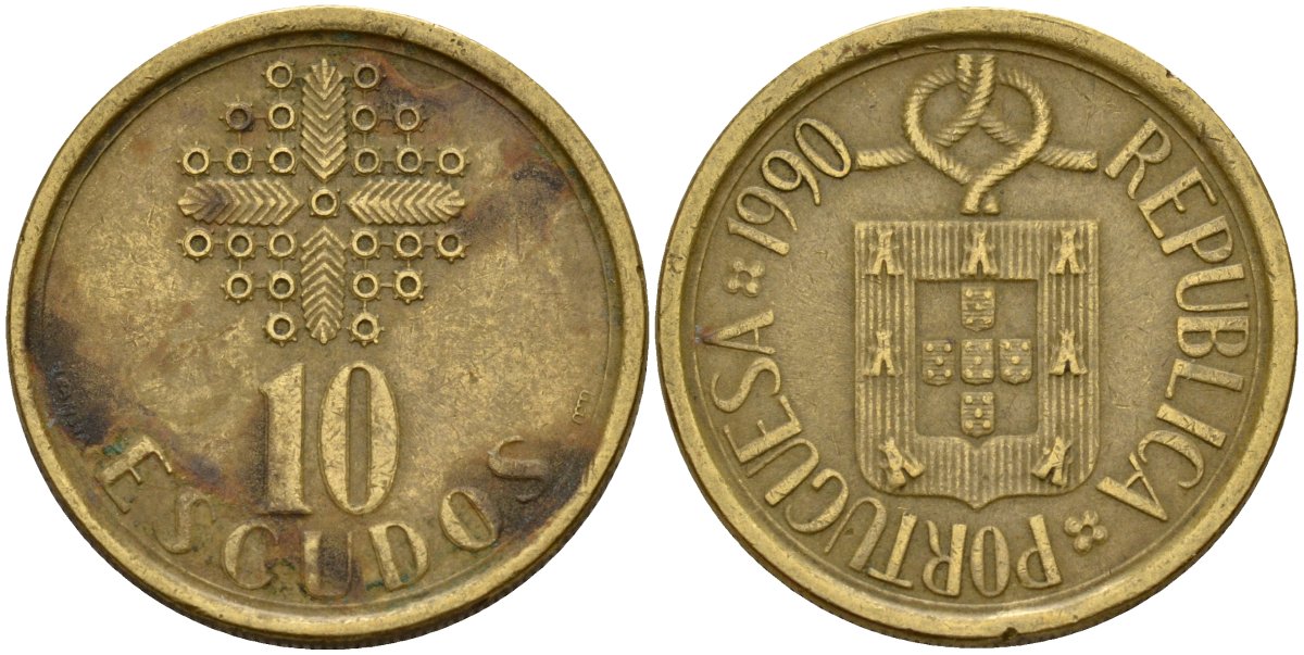 Португалия 10 эскудо 1990 KM 633 никель латунь 4179-624