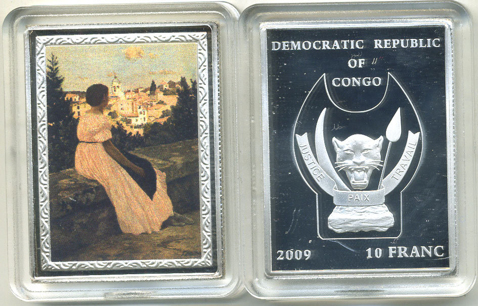 Конго 10 франков 2009 серия шедевры мировой живописи, Фредерик Базиль, розовое платье, серебрение, размер 35Х46 мм., цветная эмаль медно-никель PROOF M43-1