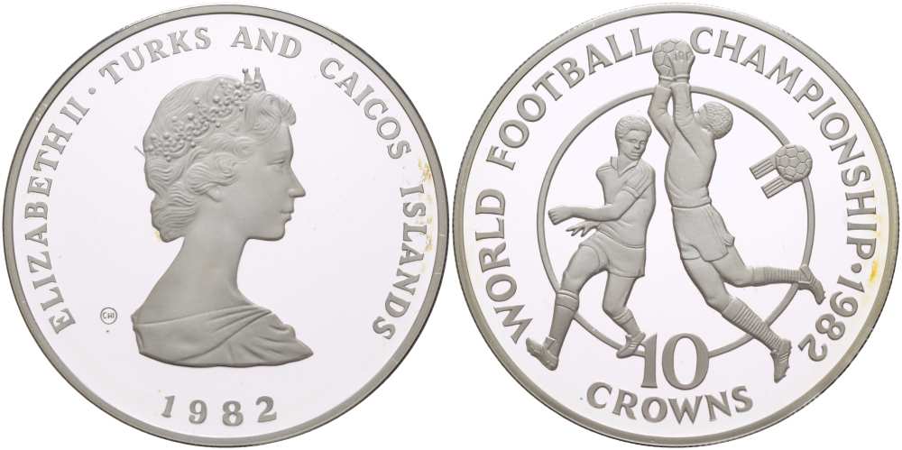 Теркс и Кайкос 10 крон 1982 чемпионат мира по футболу 1982 года в Испании, вратарь и игрок KM 57 серебро PROOF 01-152-32