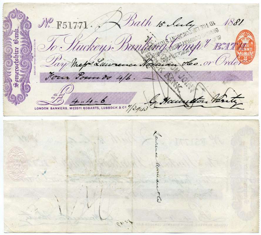 АНГЛИЯ ЧЕК НА 4 ФУНТА 4 ШИЛЛИНГА 6 ПЕНСОВ 1881 ВЫПИСАН 15 ИЮЛЯ 1881, STUCKEYS BANKING COMP. бумага 6262-21-1