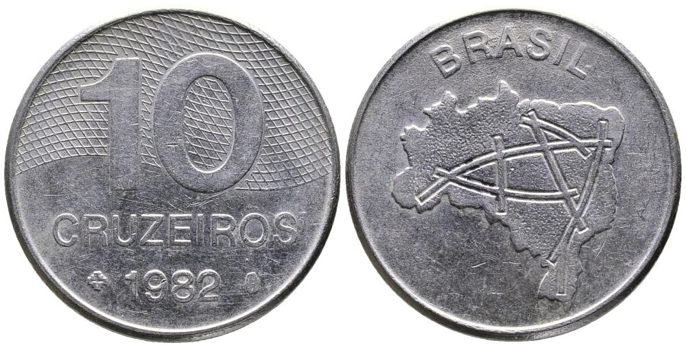 Бразилия 10 крузейро 1982 карта Бразилии KM 592.1 нержавеющая сталь 3336-854