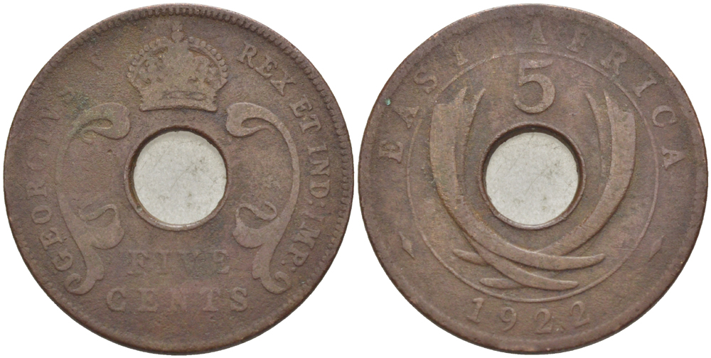 Британская Восточная Африка 5 центов 1922 Георг V (1910-1936) KM 18 бронза 117-124