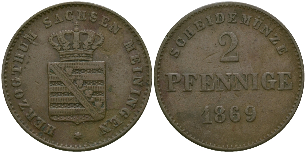 Саксен-Мейнинген 2 пфеннига 1869 Георг II (1866-1914) KM 174, Jaeger 448, AKS 215 медь 99-667