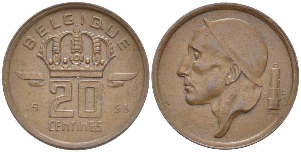 БЕЛЬГИЯ 20 САНТИМОВ 1953 BELGIQUE, БОДУЭН I (1951-1993) KM 146 бронза 116-945