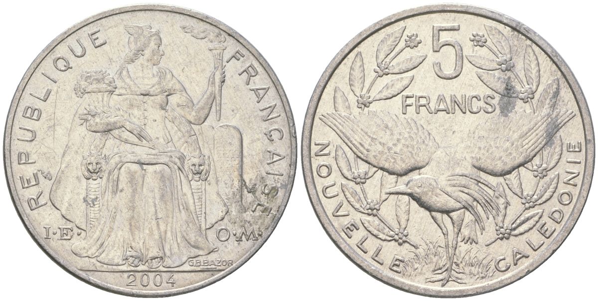 Французская Новая Каледония 5 франков 2004 птица кагу, (IEOM) KM 16, Schoen 12, Lec 81i алюминий 189-1232