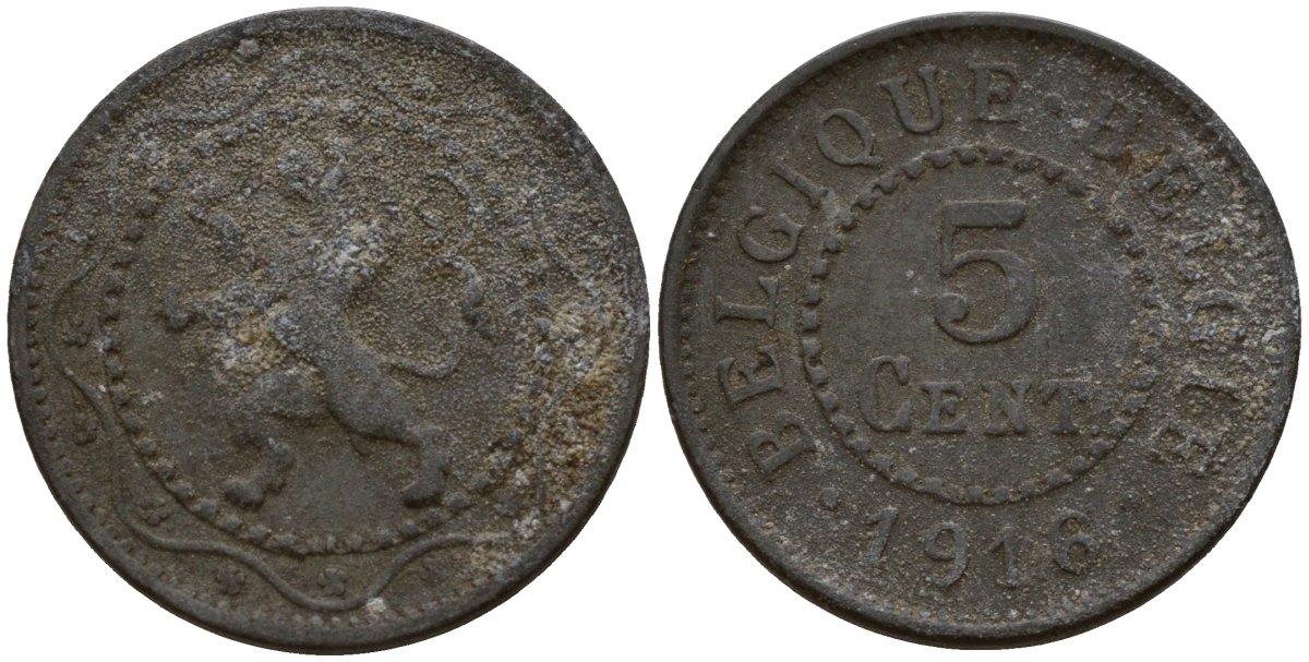 Бельгия 5 сантимов 1916 германская оккупация Первая мировая война, Альберт I (1910-1934) KM 80 цинк 4147-767