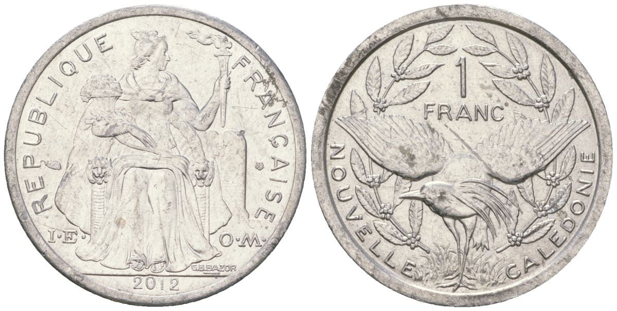 Французская Новая Каледония 1 франк 2012 птица кагу, (IEOM) KM 10, Schoen 10 алюминий 31-334
