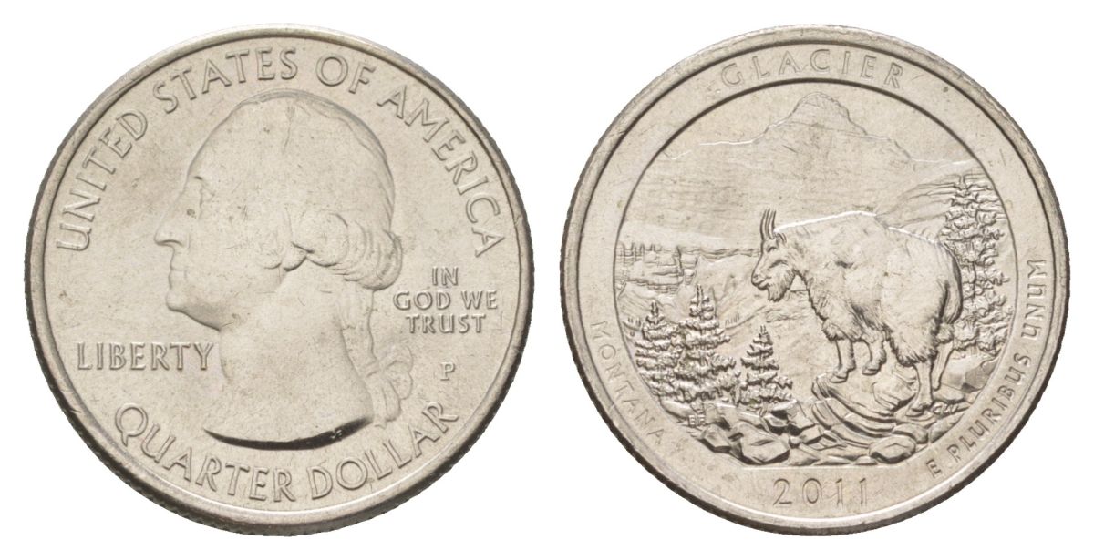 США 25 центов (квотер, 1/4 доллара) 2011 D, Квотеры «Парки США» - Национальный парк Глейшер KM 495 медь плакированный медно-никелем UNC 4629-216