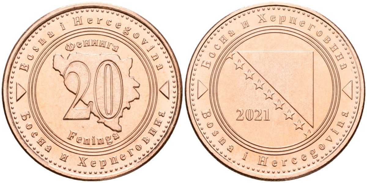 Босния и Герцеговина 20 фенигов 2021 KM 116 сталь плакированная медью UNC 4514-1033