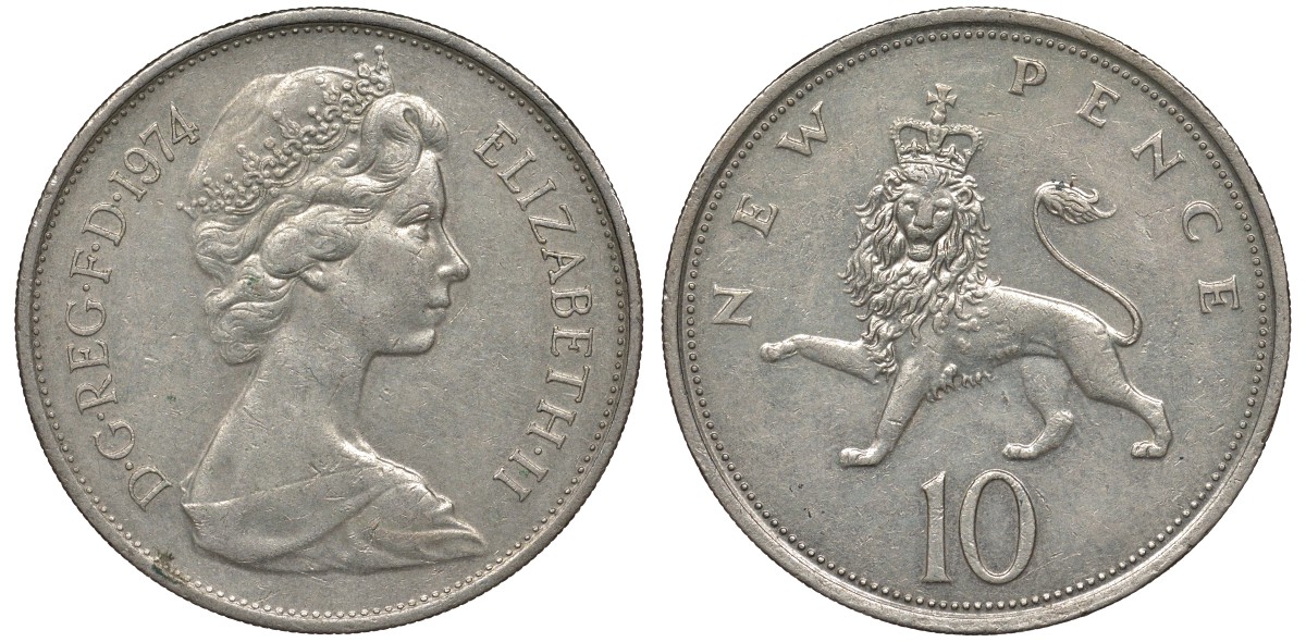 Великобритания 10 пенсов 1974 Елизавета II (1952-2022) KM 912, Spink 4231 (F1) медно-никель 4131-336