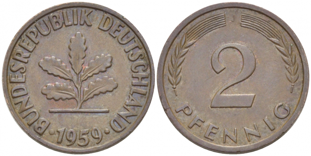 ФРГ 2 ПФЕННИГА 1959 J KM 106, J. 381 бронза 3955-628