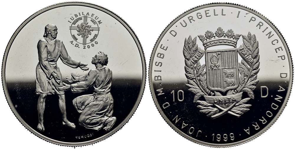 Андорра 10 динеров 1999 серия миллениум, общение с богом KM 159 серебро PROOF 00-000-00