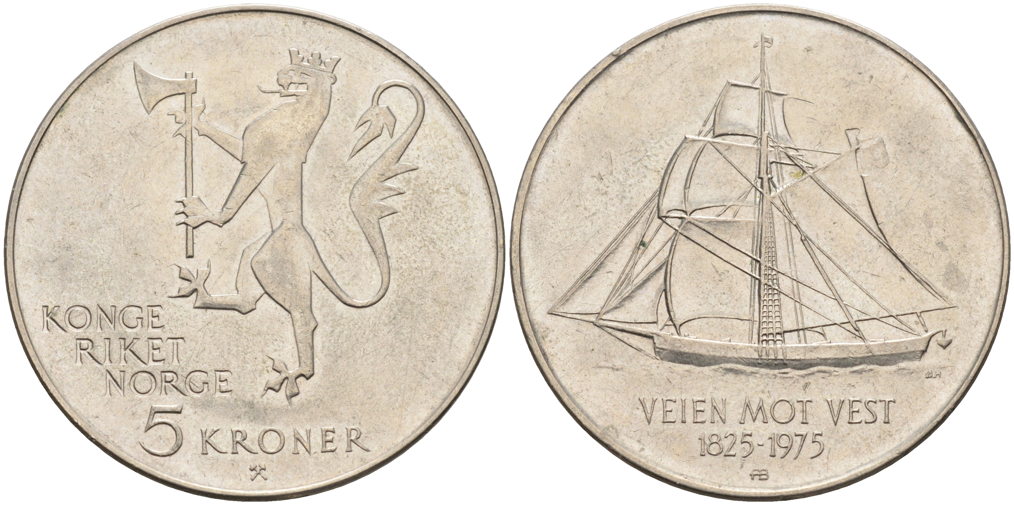 Норвегия 5 крон 1975 150 лет эмиграции в Америку KM 422 медно-никель    4117-434