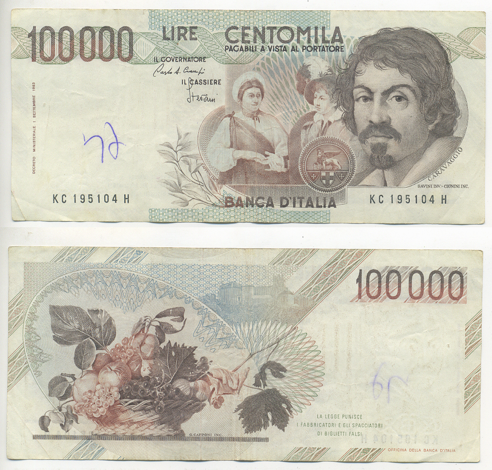 Италия 100000 лир 1983 Караваджо, фруктовый букет, подпись Speziali Pick 110b бумага 7220-28-3
