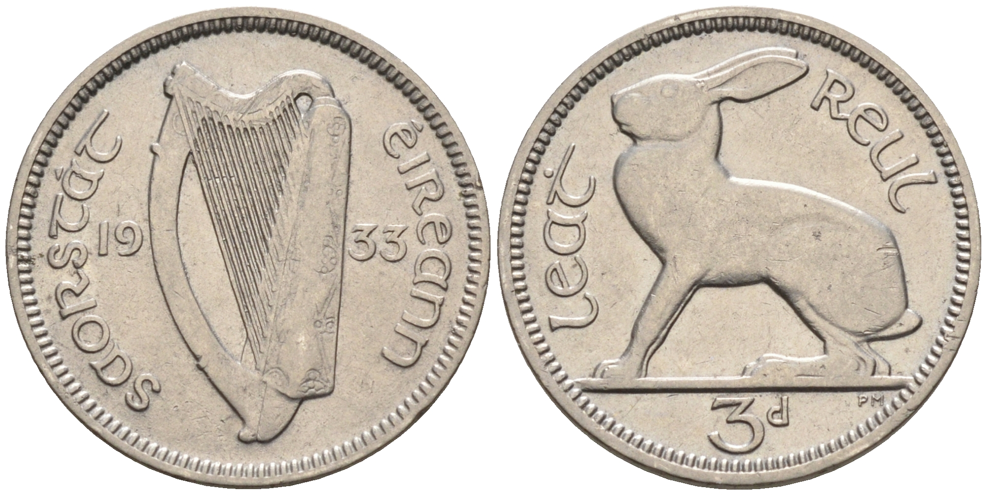 Ирландия 3 пенса 1933 заяц KM 4 никель 4588-1039