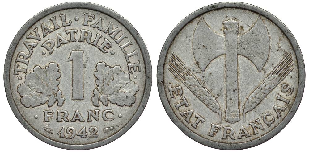 ФРАНЦИЯ 1 ФРАНК 1942 ПРАВИТЕЛЬСТВО ВИШИ, ТИП FRANCISQUE LOURDE KM 902.1, LE FRANC 222.2 алюминий 27-745