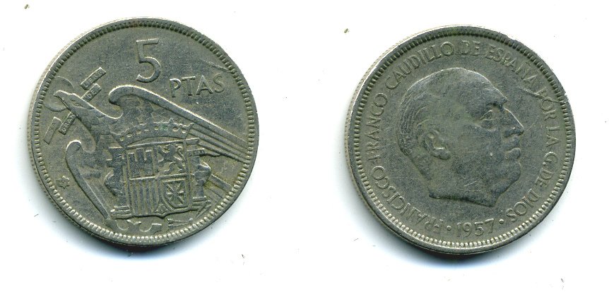 ИСПАНИЯ 5 ПЕСЕТ 1957 (65) ФРАНСИСКО ФРАНКО ДИКТАТОР ИСПАНИИ (1939-1975) KM 786 медно-никель 53-925