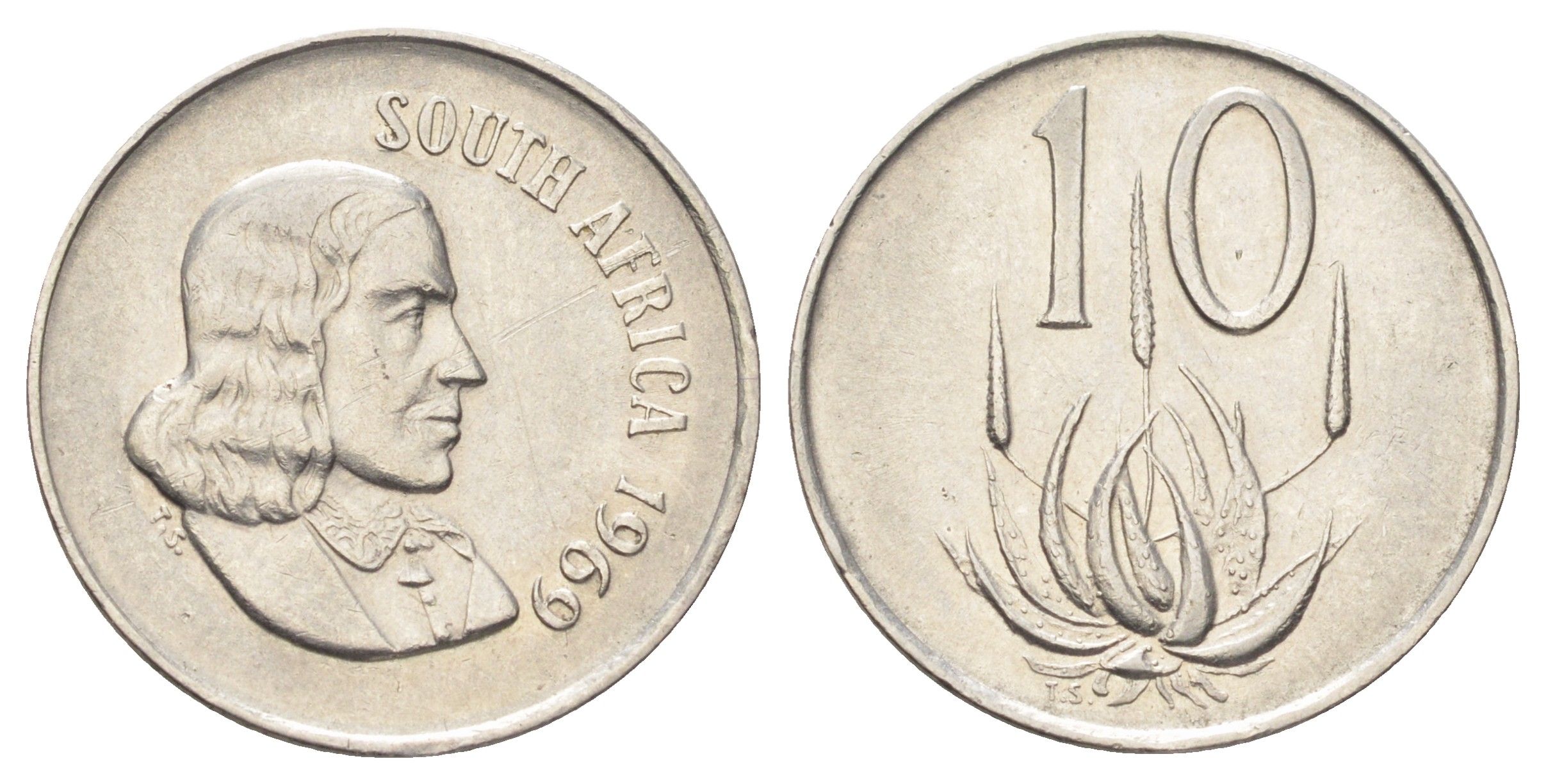 ЮАР 10 центов 1969 Ян ван Рибек (1619-1677), South Africa, легенда на африкаанс, цветок алоэ KM 68.1 никель 4696-1017