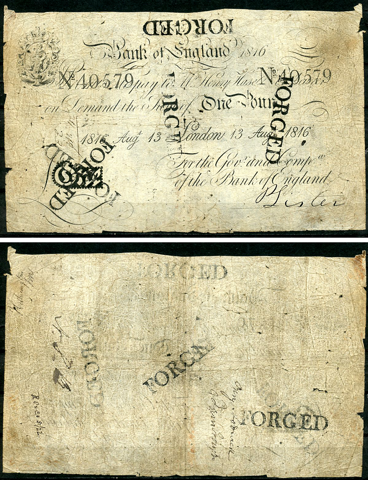 Англия 1 фунт 1816 фальшивка в ущерб денежному обращению PW № REB33, Pick 190  бумага   451-115-1