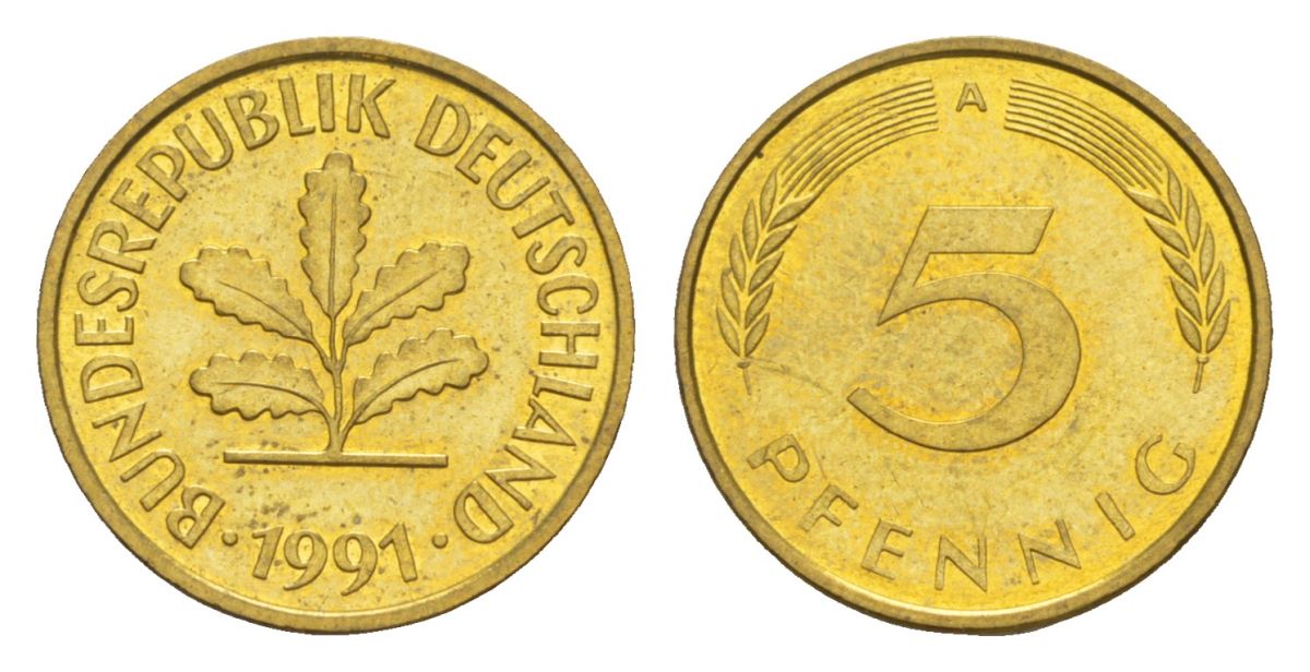 Германия 5 пфеннигов 1991 A KM 107, J. 382 сталь плакированная латунью UNC 4630-1253