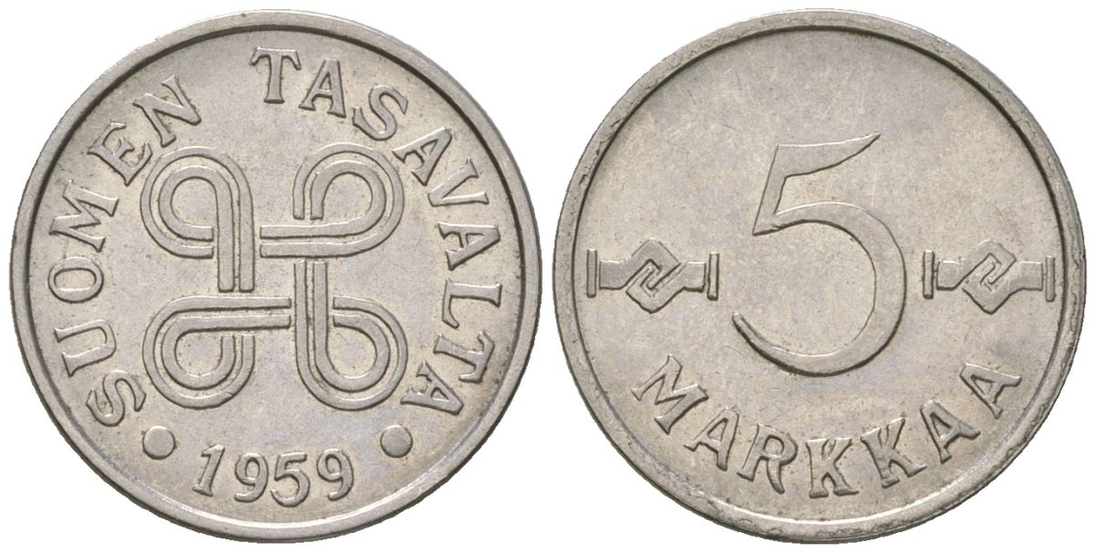 Финляндия 5 марок 1959 KM 37a железо плакированная никелем UNC 4169-316