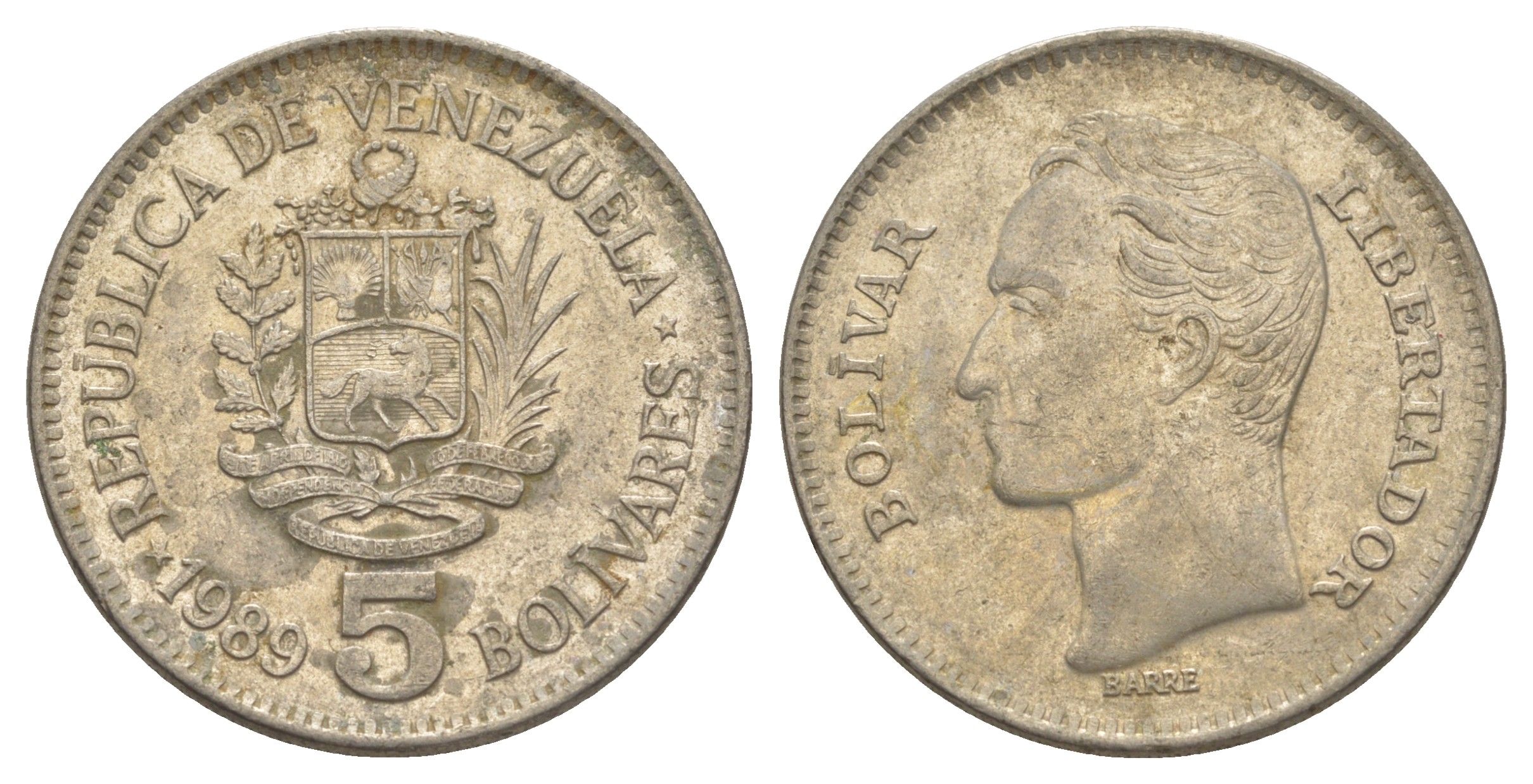 Венесуэла 5 боливаров 1989 Симон Боливар, толстый шрифт Y 53a.2 сталь плакированная никелем 4583-921