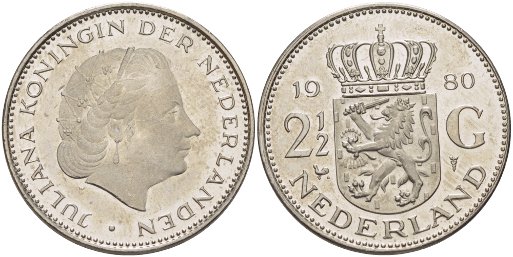 Нидерланды 2 1/2 гульдена 1980 Юлиана (1948-1980) KM 191 никель 38-142