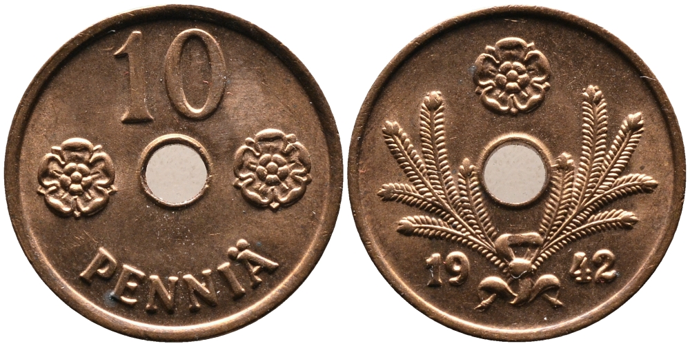 ФИНЛЯНДИЯ 10 ПЕННИ 1942 KM 33.1 медь UNC 4387-438